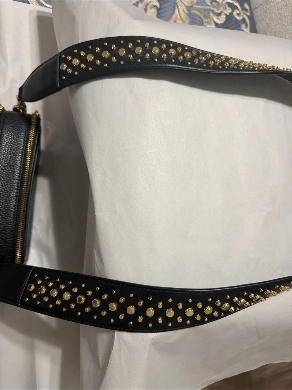 Michael Kors Black Pebbled Leather Crossbody Camera Bag with Gold Stud Strap